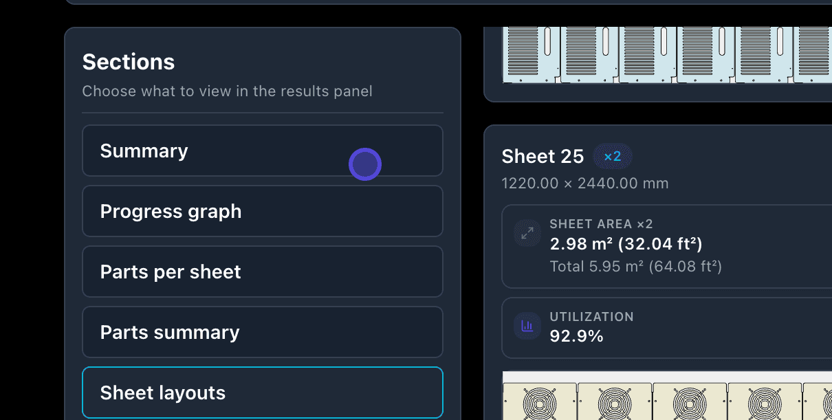 Nesting run summary panel