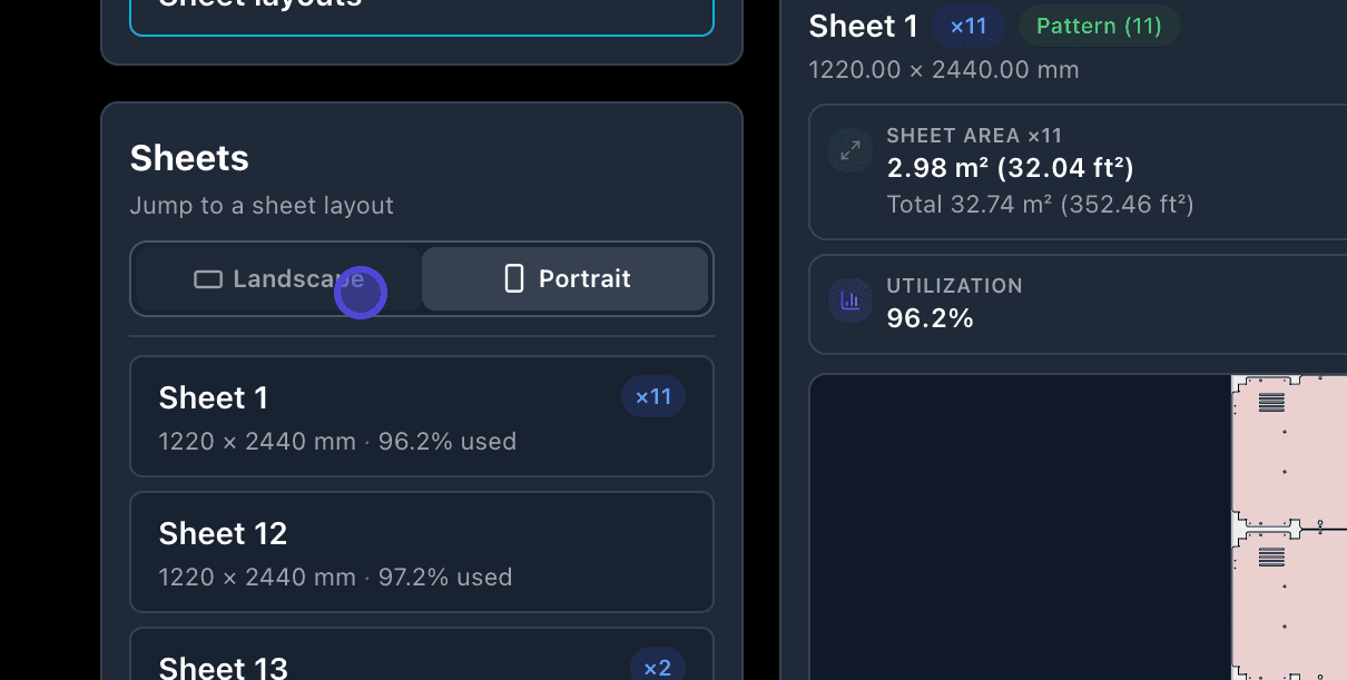 Landscape orientation on sheet layout
