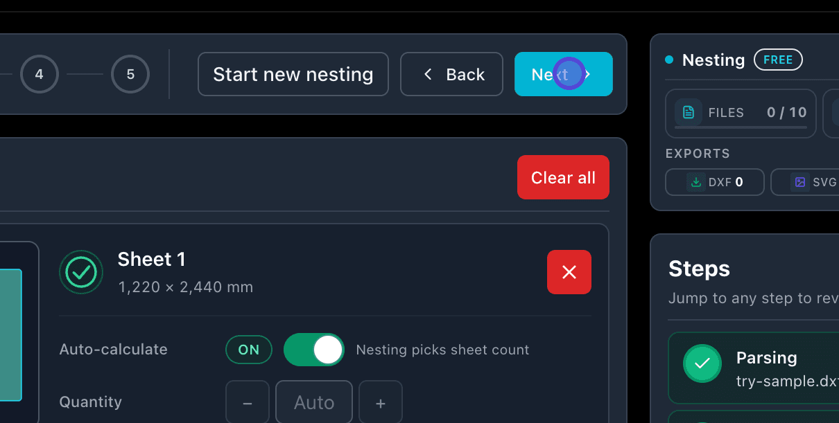 Next button on sheets step