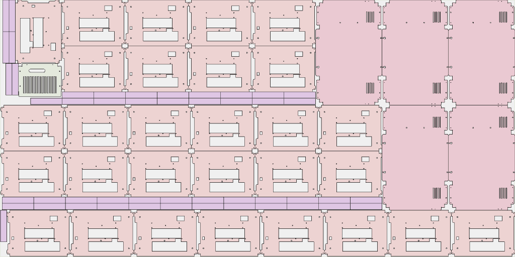 Nested sheet layout showing rectangular and near-rectangular parts with holes and slots packed tightly on one plate